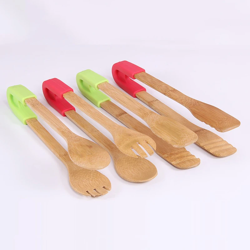 

1Pcs Wooden Salad Cake Snack Clip Bamboo Food Toaster Tongs Silicone Handle Bread BBQ Tongs Kitchen Tools Clamp Cooking Utensils
