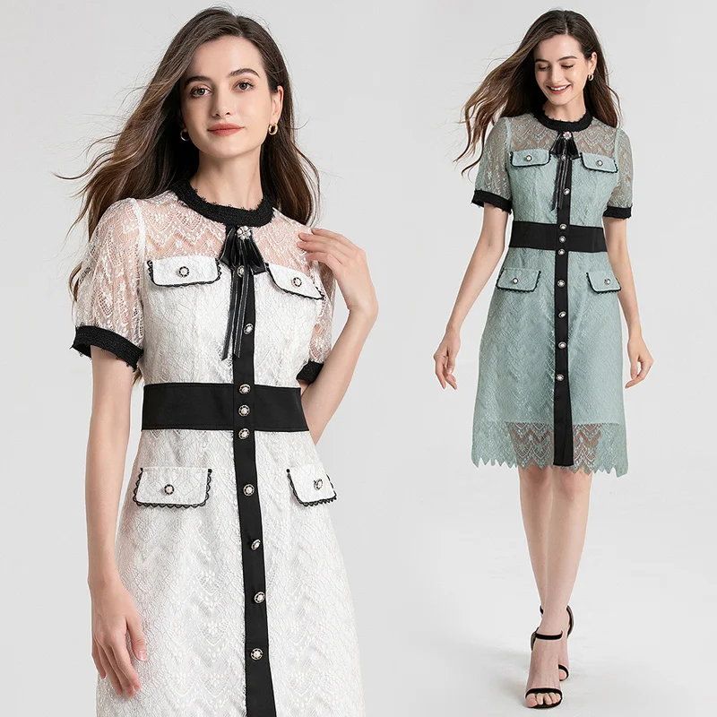 Summer 2023 new mesh skeleton long skirt temperament waist short sleeves small fragrance lace dress XA9142080
Summer 2023 new mesh skeleton long skirt temperament waist short sleeves small fragrance lace dress XA9142080