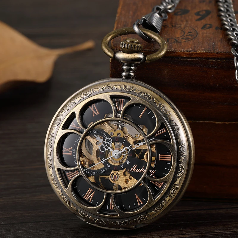

Sdotter Bronze Mechanical Hand Wind Pocket Watches Roman Numeral Dial Skeleton Mechanical Flip Watch Men Clock With Fob Chain Gi