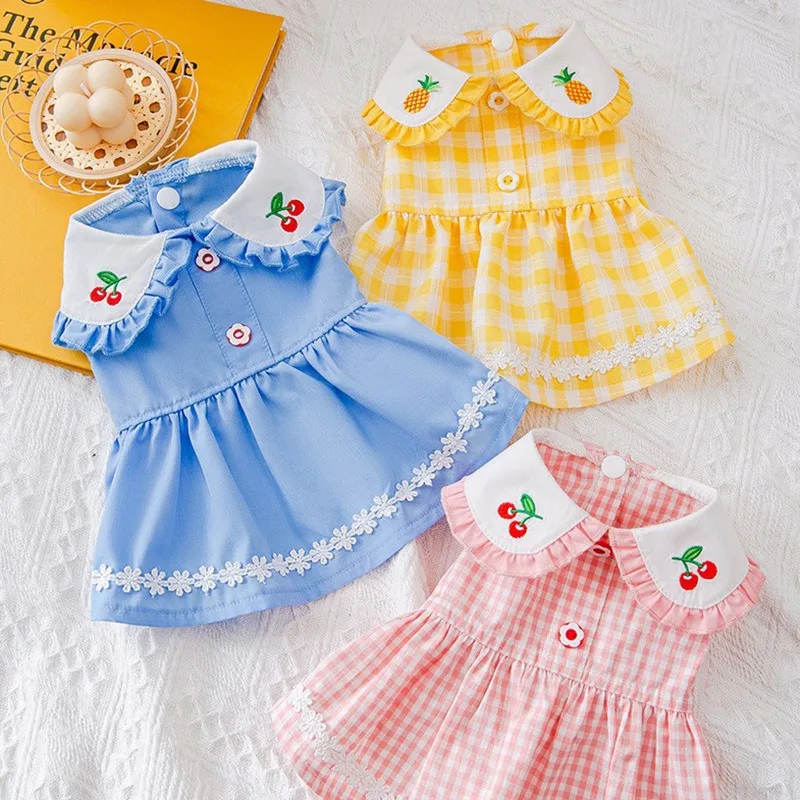

Spring and summer Doll Collar Pineapple Embroidery Puppy Dog Dress Princess Style Teddy Skirt Pet Two Legs Clothes