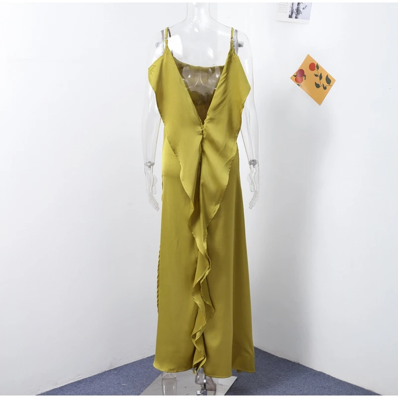 Elegant Green Satin Ruffle Dress Women Backless Spaghetti Strap Maxi with Side Split OUT1038 Elegant Green Satin Ruffle Dress Women Backless Spaghetti Strap Maxi with Side Split OUT1038