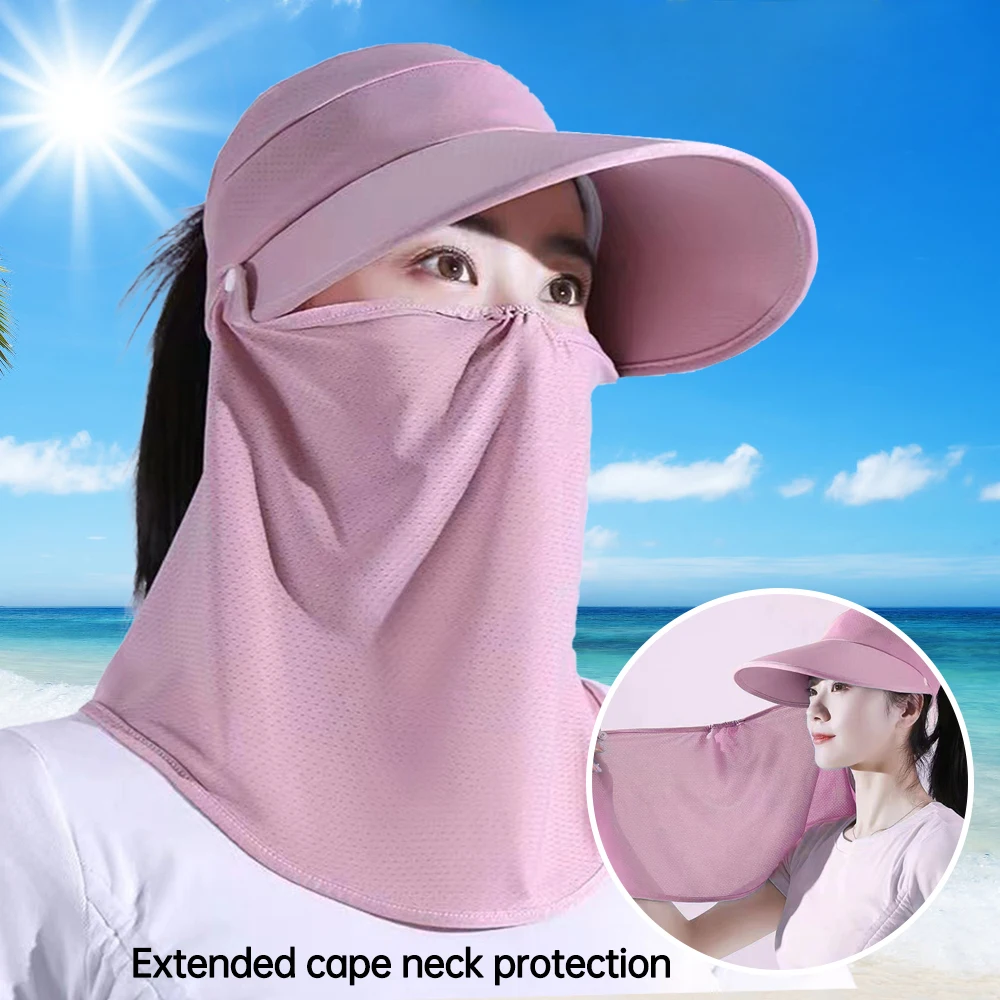

Summer Wide Brim Sun Hats Neck Face Cover Outdoor Hiking Fishing Hat Hollow Top Visors Foldable UV Protection Ponytail Caps