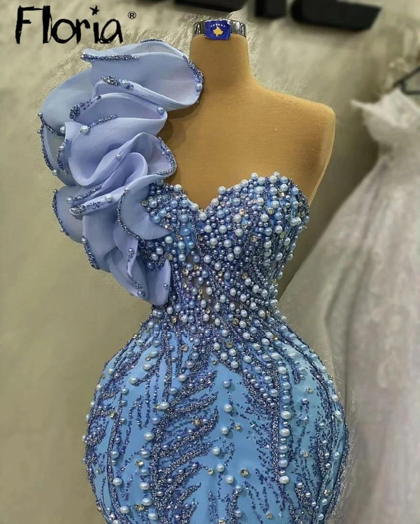

Sky Blue Mermaid Evening Dress Covered Pearls Arabic Women Wedding Dinner Party Gown Sweetheart Engagement Dress Robes De Soirée