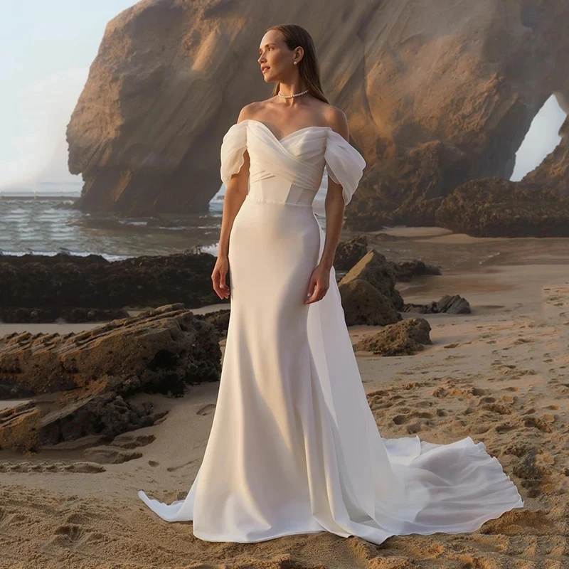 

Женское свадебное платье с юбкой-годе, элегантное платье с открытыми плечами и шлейфом, официальное платье в стиле бохо, модель 2024 по индивидуальному заказу