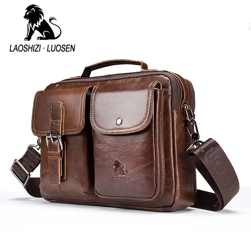 

LAOSHIZI Vintage Men Genuine Leather Briefcase Shoulder Soft Cowhide Messenger Bag Male Handbags Business Casual Tote