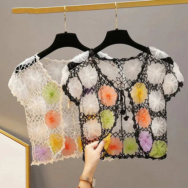 Summer Crochet Sunscreen Shirt Tops Women Short Sleeve Thin Knit Cardigan Crop Top 3D Floral Bead Designer Outwear Summer
Summer Crochet Sunscreen Shirt Tops Women Short Sleeve Thin Knit Cardigan Crop Top 3D Floral Bead Designer Outwear Summer