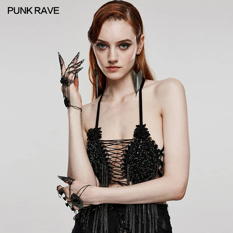 

PUNK RAVE Women's Gothic Finger Bracelet Halloween Club Accessories Nail Bracelet Punk Tapered Tassel Embellished Rose Buckle