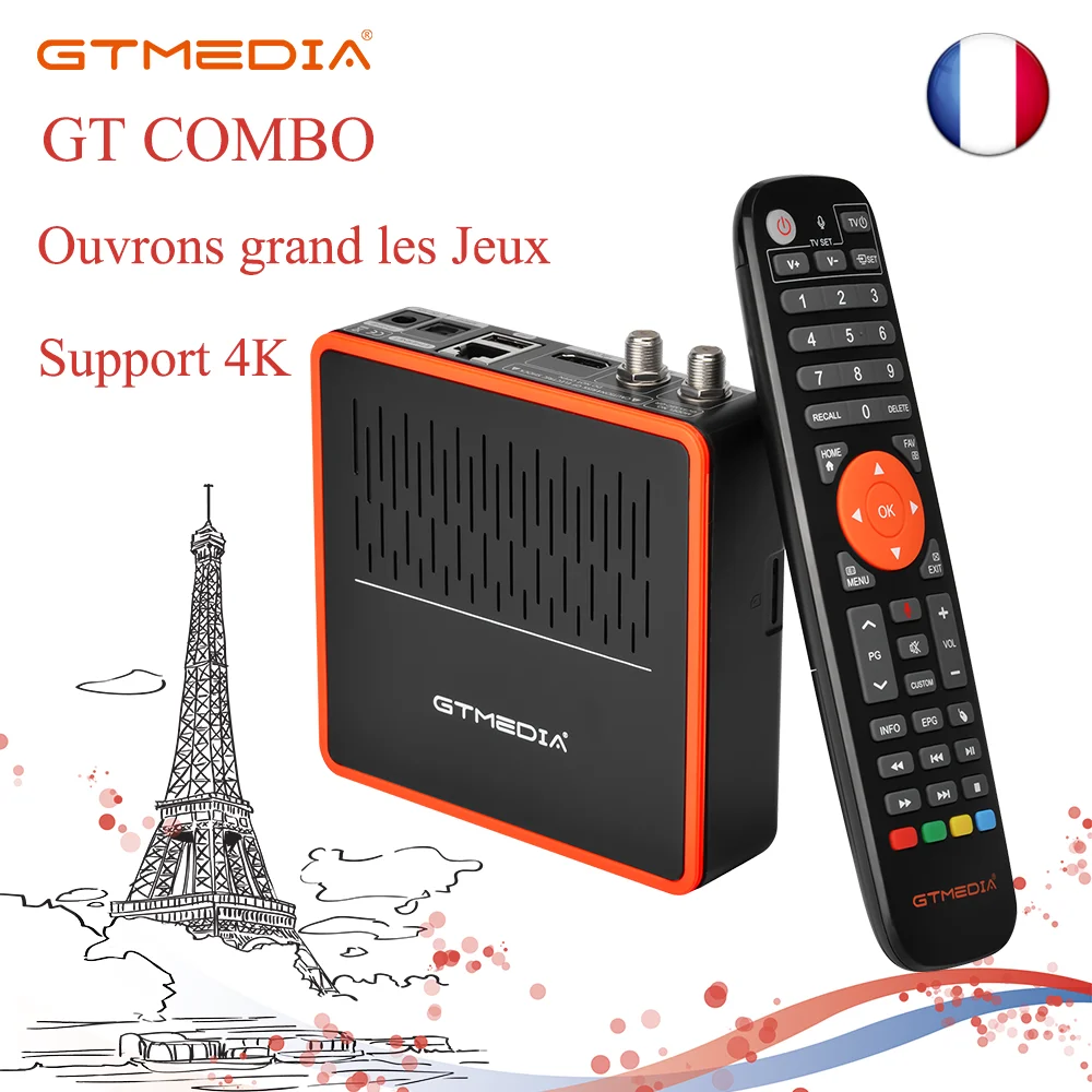

GTMEDIA GT COMBO Android 9.0 TV BOX + DVB-S/S2/S2X, DVB + T/T2/C 4K HD built-in Wifi 2.4G/5G + BT4.1 support M3U video format and support for betting, France