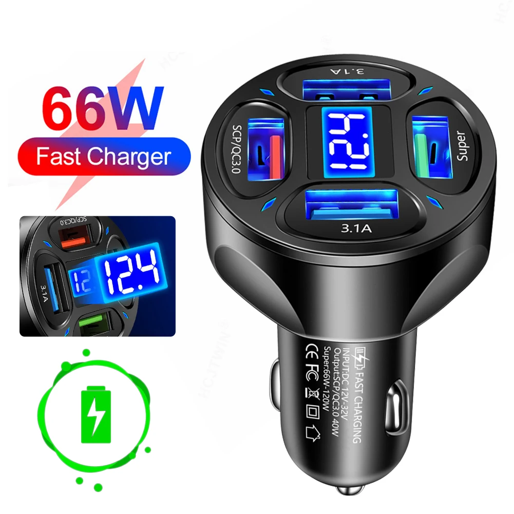66W Fast Charging Car Charger 12V/24V 120W 4 USB Ports Cigarette Lighter Adapter LED Voltmeter For Huawei Xiaomi IPhone Samsung
66W Fast Charging Car Charger 12V/24V 120W 4 USB Ports Cigarette Lighter Adapter LED Voltmeter For Huawei Xiaomi IPhone Samsung