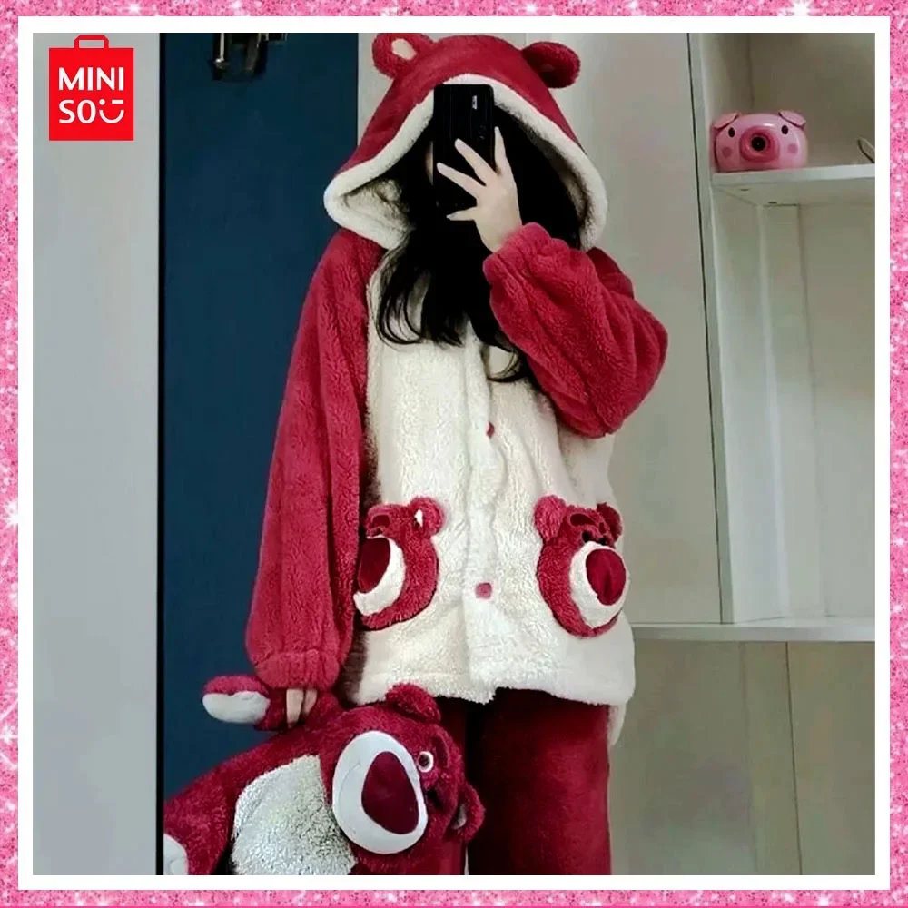 

New Set Velvet Autumn Cozy Miniso Winter Coral Coral Lotso And Girls Thickened Pajamas Velvet Warm Pajama Gift Hooded Christmas