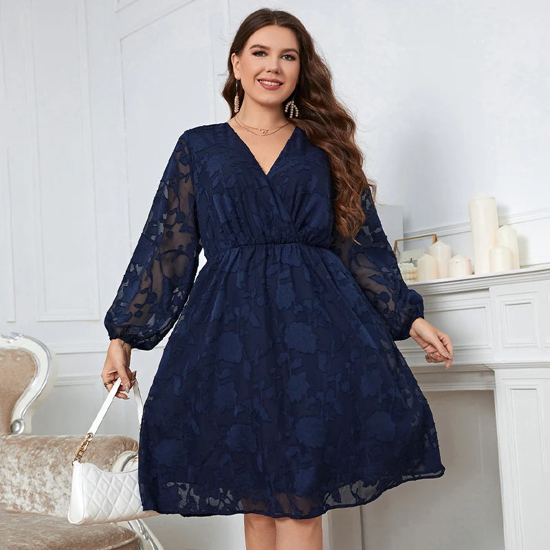 

Plus Size Lace Semi Sheer Deep V Long Sleeve Midi Dress Elastic High Waist Elegant Woman Clothing Lining Two-layer Evening Dress