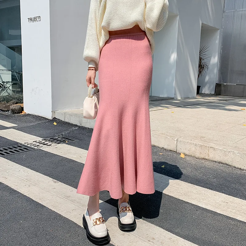 

2023 New Women's Knitted Skirt High Waist Fish Tail Skirt Korean Style Long Flounce Skirts Ladies Slim Casual Bottoming Skirt
