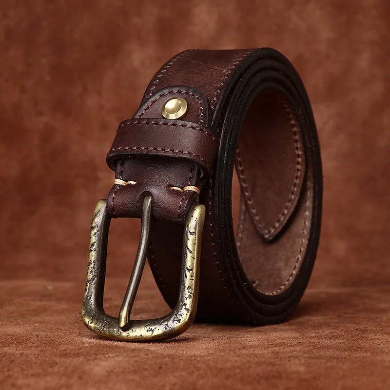 

3.8cm/1.5'' Thickened Genuine Leather Belt First-Layer Cowhide Retro Brass Distressed Buckle Trendy Jeans Waist Belts For Men