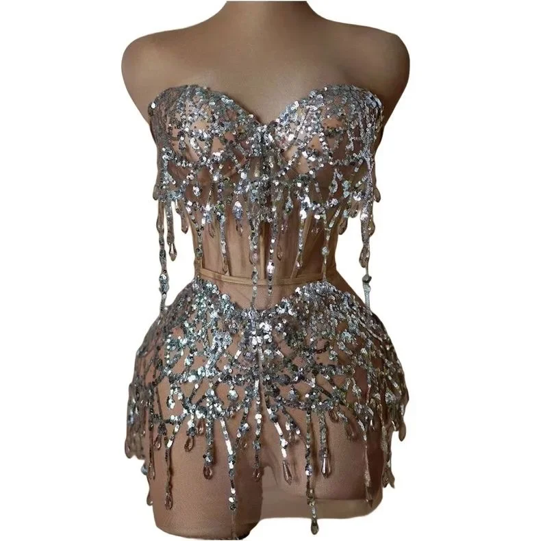 

Sexy See-Through Mesh Shinning Sequins Sheath Two-Pieces Set Evening Party Performance Costume Bar Nightclub Singer Stage Wear