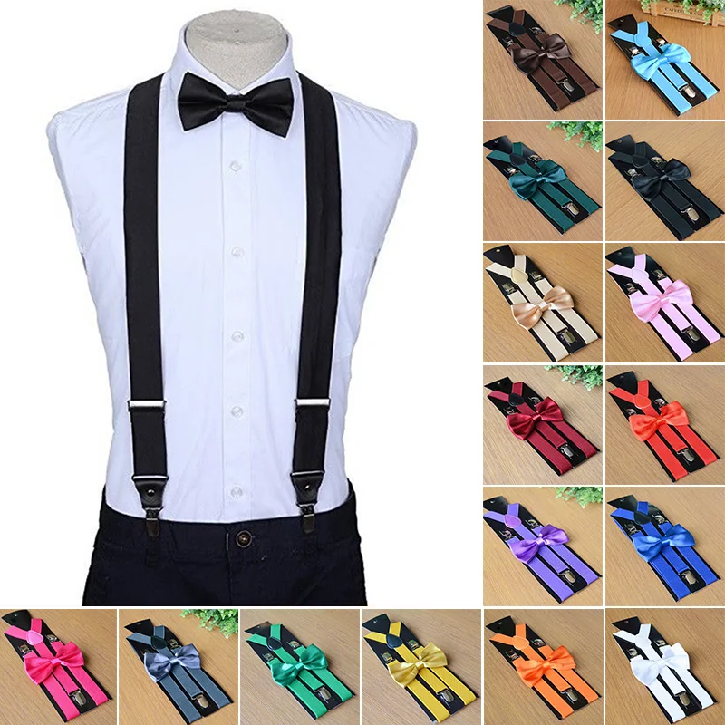 

New Men Matching Suspenders Braces&Bow Tie Combo Sets Fancy Costume Adjustable Y-Back Braces For Man Party Accessories