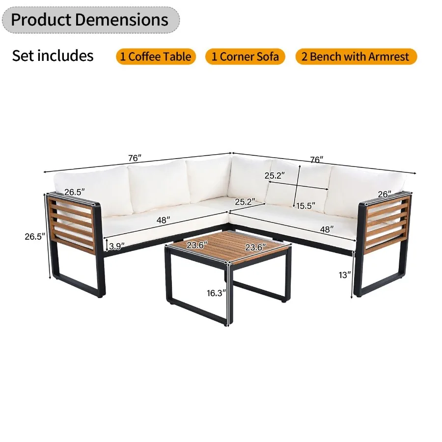 GO 4 Pieces Outdoor Patio Conservation Set Metal and Wood Frame Sectional Lshaped Sofa with Soft Cushion and a Coffee Tables fo GO 4 Pieces Outdoor Patio Conservation Set Metal and Wood Frame Sectional Lshaped Sofa with Soft Cushion and a Coffee Tables fo