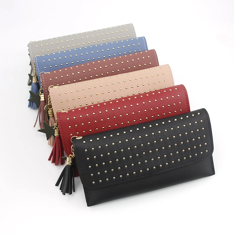 

Women's Wallet Pu Leather Retro Rivet Zipper Coin Purses Female Solid Color Long Hasp Multi-card Holder Ladies Clutch Money Clip