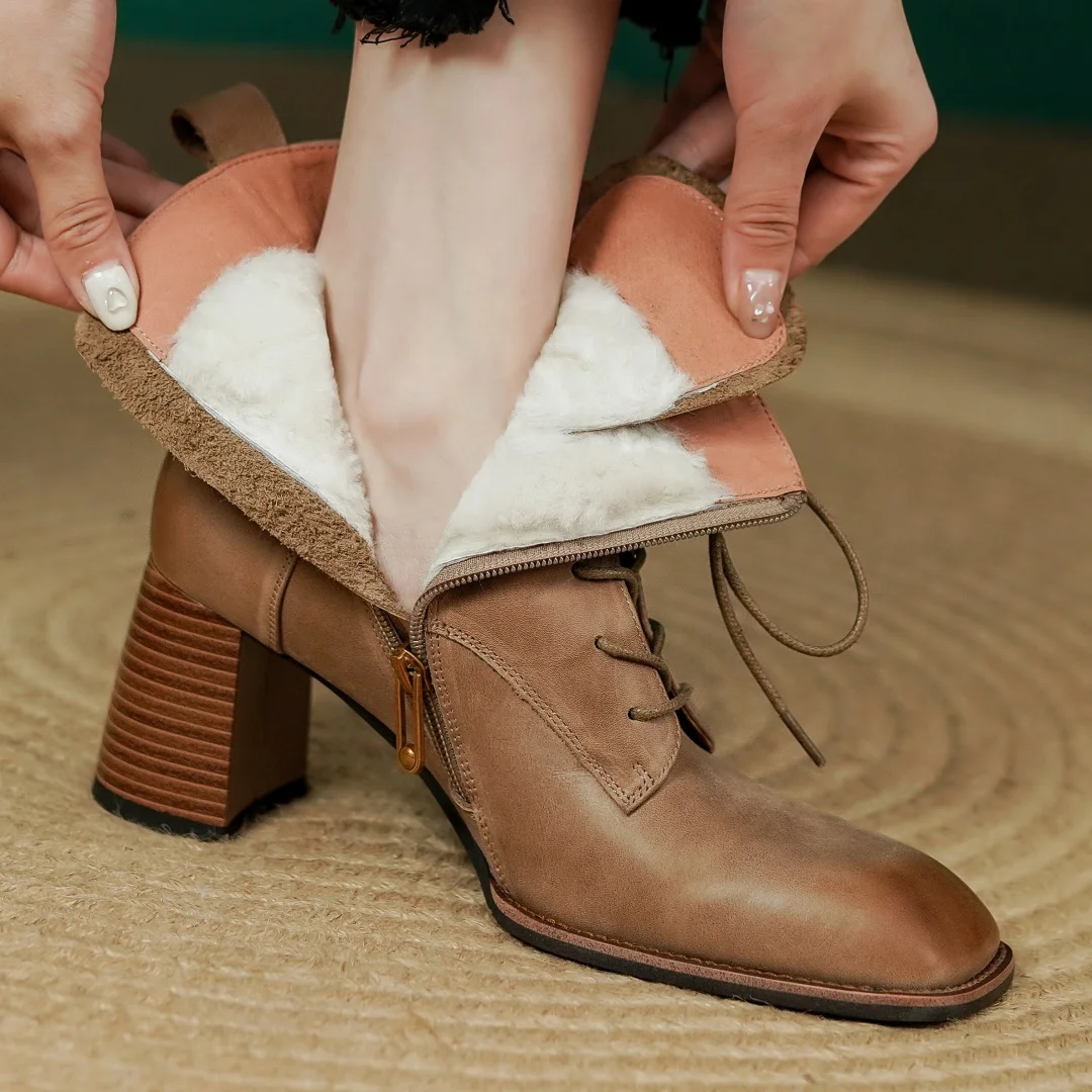 Women's cow leather lace-up wool inside 7cm thick med heel winter ankle snow boots square toe retro female lace-up short booties
Women's cow leather lace-up wool inside 7cm thick med heel winter ankle snow boots square toe retro female lace-up short booties