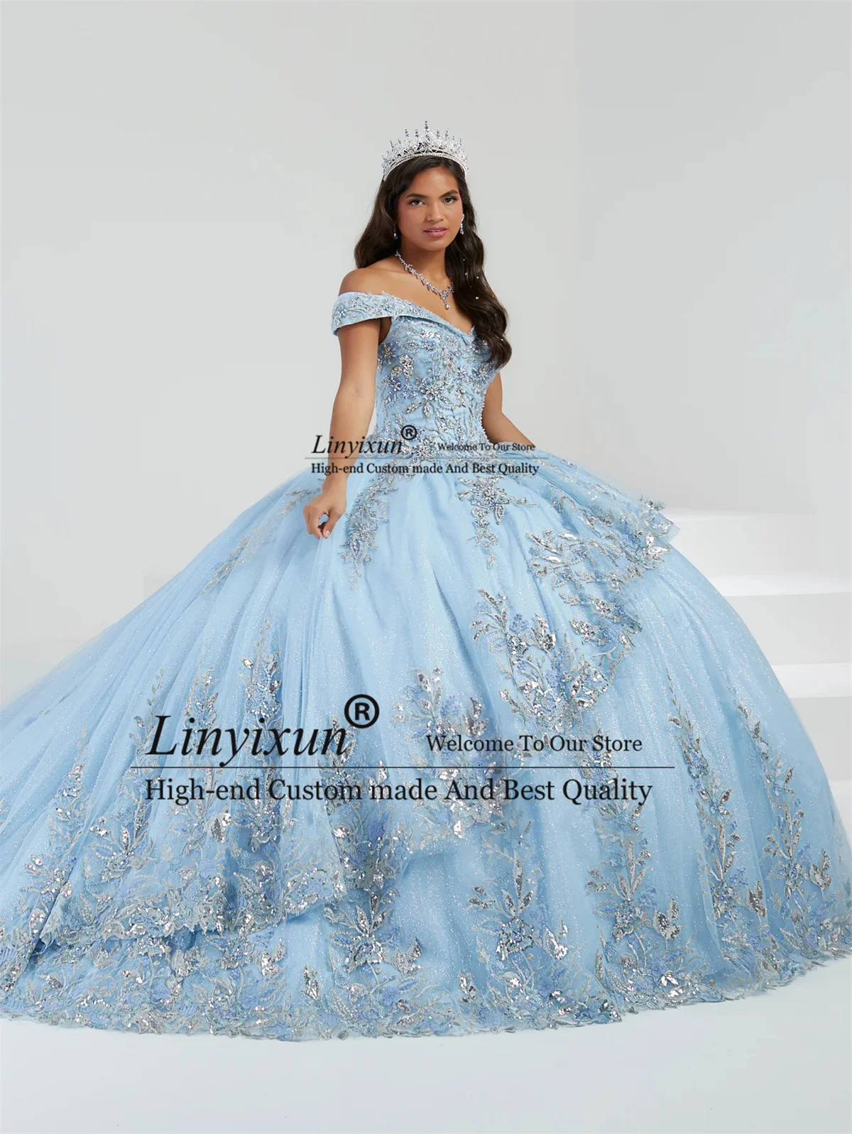 Sky Blue Ball Gown Quinceanera Dress Appliques Lace Off Shoulder Sweet 16 Dress Lace Up Sweep Train Birthday Vestidos De 15 Años
Sky Blue Ball Gown Quinceanera Dress Appliques Lace Off Shoulder Sweet 16 Dress Lace Up Sweep Train Birthday Vestidos De 15 Años