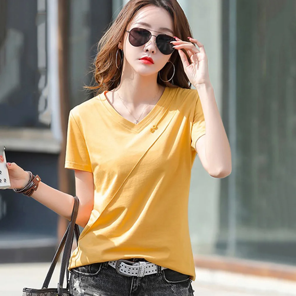 New Women Short Sleeve T-shirt Summer Fashion V-Neck Small Button Cotton Tees Tops Casual Simplicity Loose Basic T-shirt Yellow
New Women Short Sleeve T-shirt Summer Fashion V-Neck Small Button Cotton Tees Tops Casual Simplicity Loose Basic T-shirt Yellow