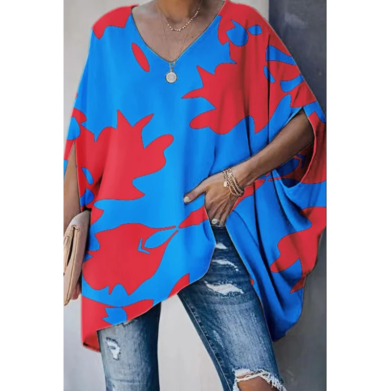 

Ladies Casual Bat Sleeve Tie-Dye Print T-Shirt Loose Women's Clothing Fashion Elegant Tops V Neck Woman Clothes Pullover Blouses