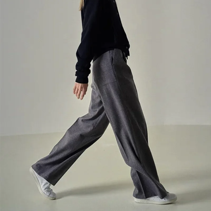 

New Winter Suit Trousers Casual Solid Color High-waisted Straight Wool Blended Floor-length Trousers Women