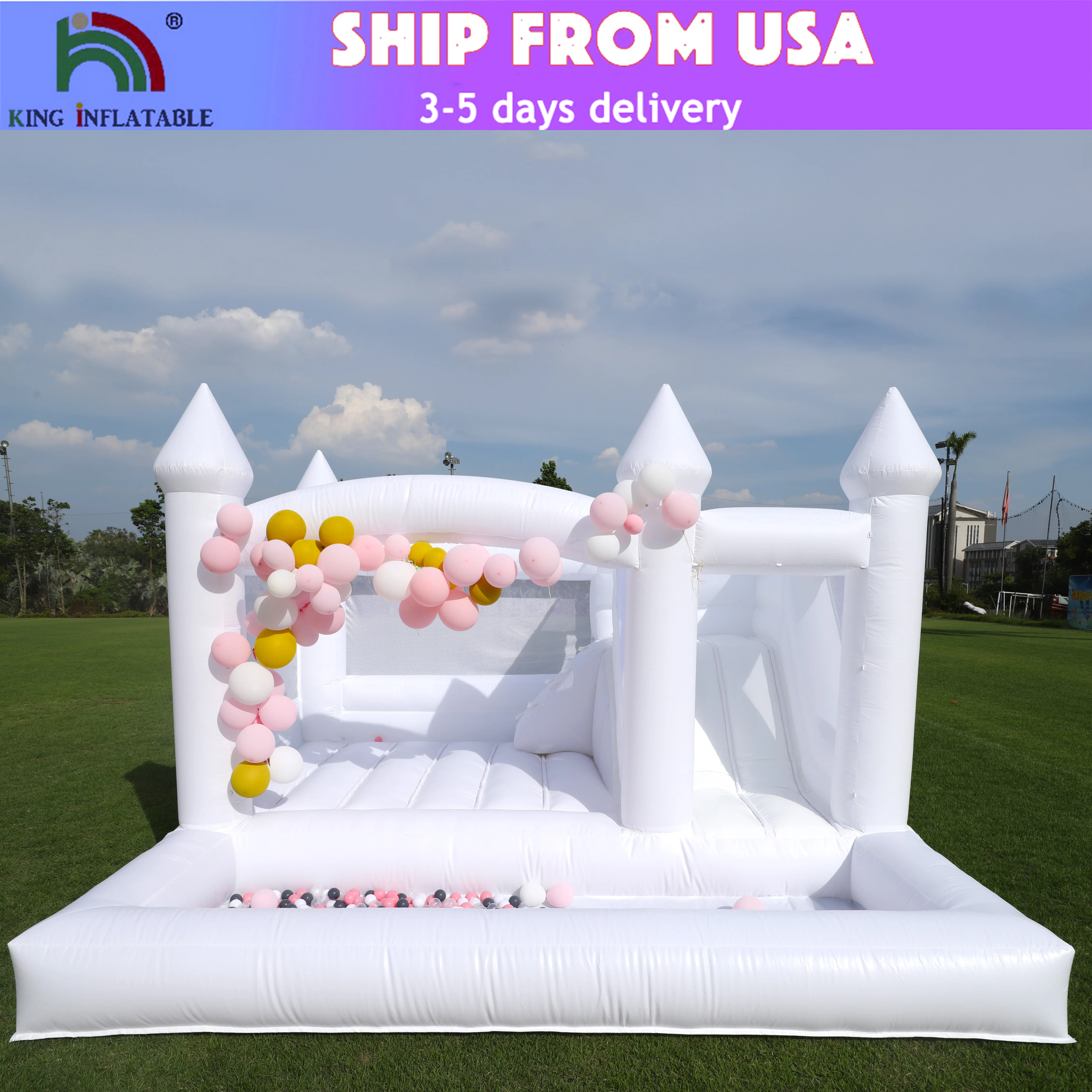 

15ft Commercial Inflatable White Bounce House Water Slide With Ball Pit For Party Rent Kids Jumping Bouncy Castle Bouncer Blower