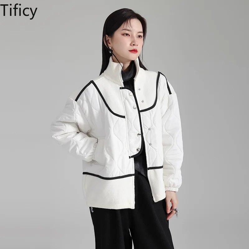 

TIFICY 2024 Spring New Knitted Sweater Splicing Small Cotton-padded Coat with Contrasting Drawstring Jacket Female