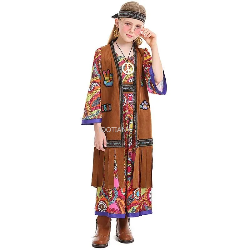 Kids Halloween Peace Love Hippie Costume Girls Party 60s 70s Stage Performance Cosplay Indian Tassels Dress with Vest + Headwear
Kids Halloween Peace Love Hippie Costume Girls Party 60s 70s Stage Performance Cosplay Indian Tassels Dress with Vest + Headwear