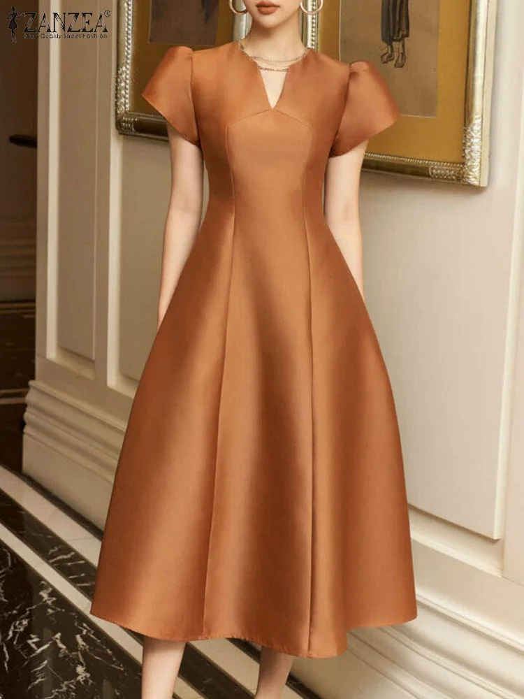 

Платье ZANZEA женское праздничное ТРАПЕЦИЕВИДНОЕ, винтажное Длинное Макси-Платье с V-образным вырезом и коротким рукавом, модный сарафан на талии, лето 2024
