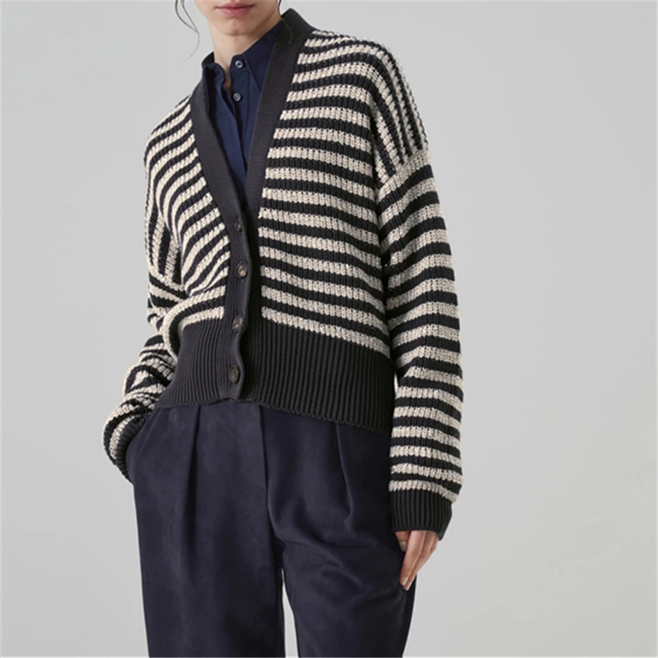 

B/C Cotton English Rib Cardigan With Dazzling Stripes 2023 Long Sleeve Knitwear Luxury Design Dropped Shoulder Sweather Women