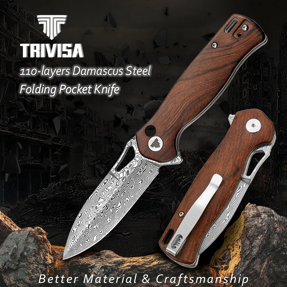 

TRIVISA Pocket Folding Knife for Camp Men, EDC Flipper Knives with Clip for Outdoor Tool, 3.38" Damascus Steel & Ironwood Scales