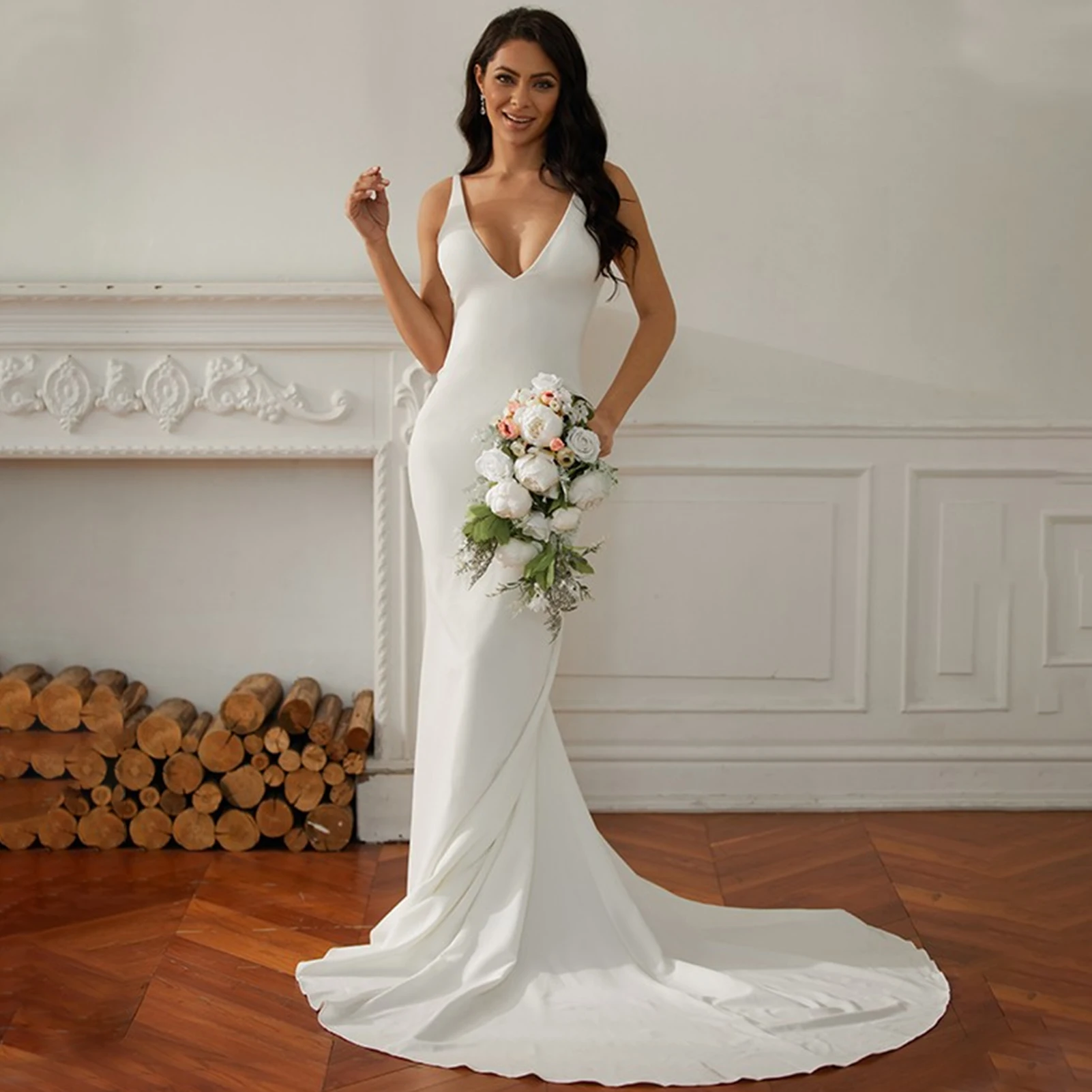 

Elegant Sleeveless Sheath Wedding Dress 2023 Simple V-Neck Stretch Crepe Bridal Gown Backless Button Court Train Robe De Mariee