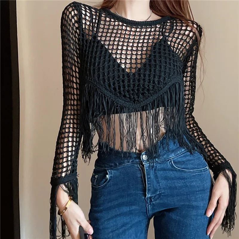 Black White Female Knitted Pullover Sweater Goth Lady Hollow Out O Neck Tassel Long Sleeve Thin Sweaters Harajuku Sexy Jumpers
Black White Female Knitted Pullover Sweater Goth Lady Hollow Out O Neck Tassel Long Sleeve Thin Sweaters Harajuku Sexy Jumpers