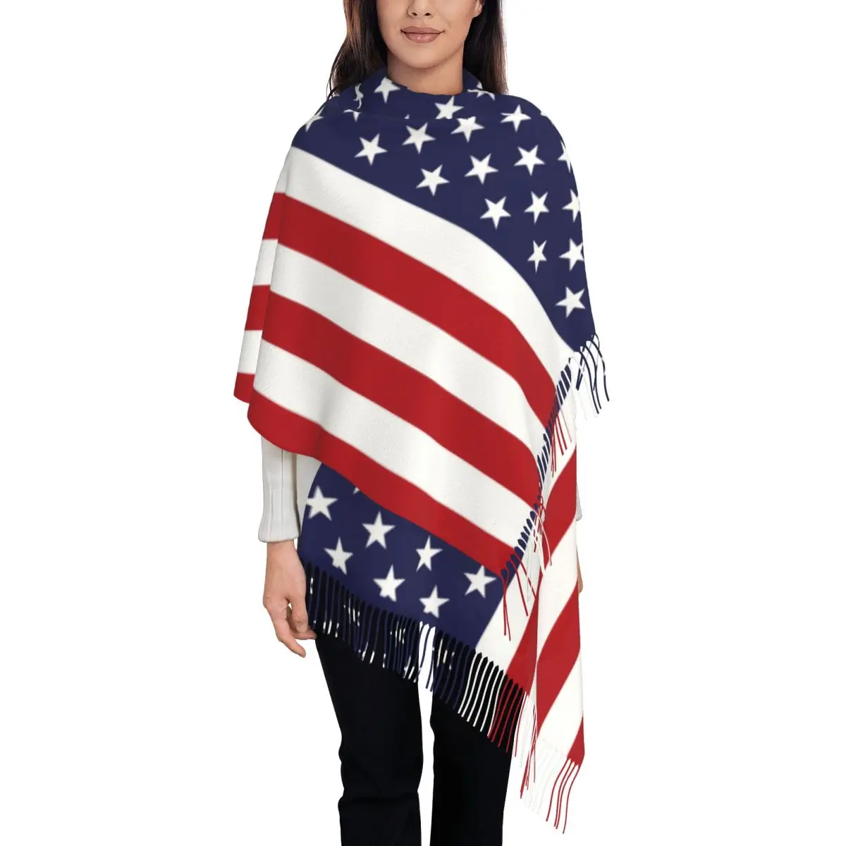 

Шарф с принтом флага США, теплые шали и палантины в американскую звезду и полоску, повседневные шарфы с кисточками для мужчин и женщин, зимние шарфы