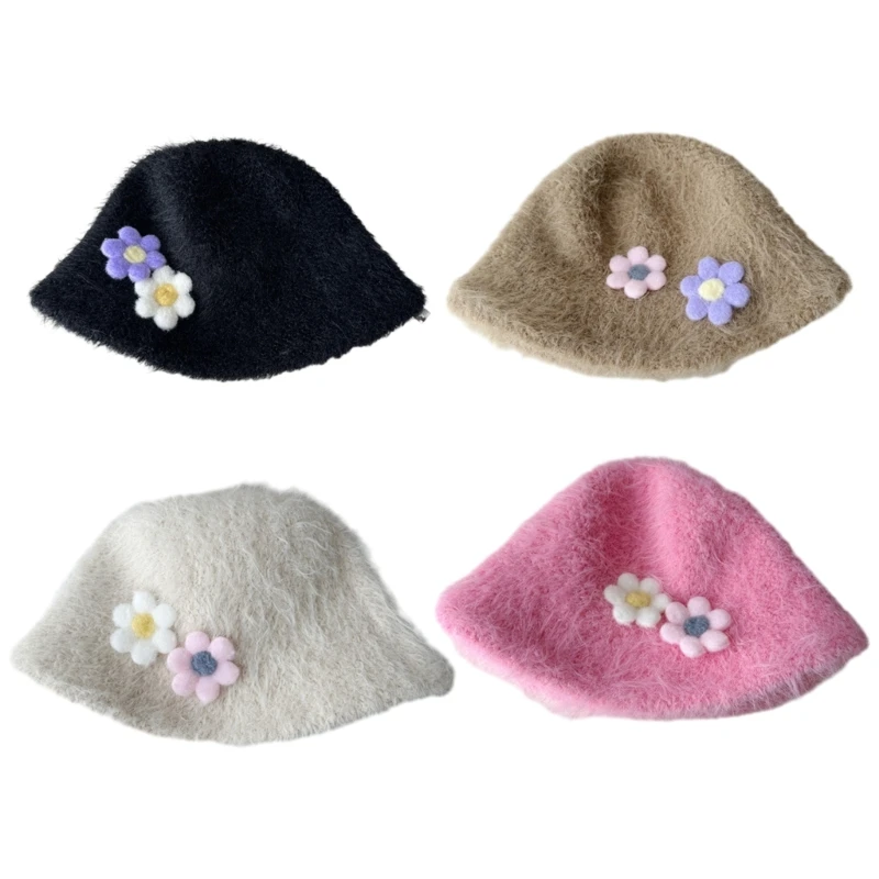 

Women Winter Fall Thickened Furry Plush Bucket Hat with 3D Floral Wide Brim Sun Protective Fuzzy Fisherman Cap