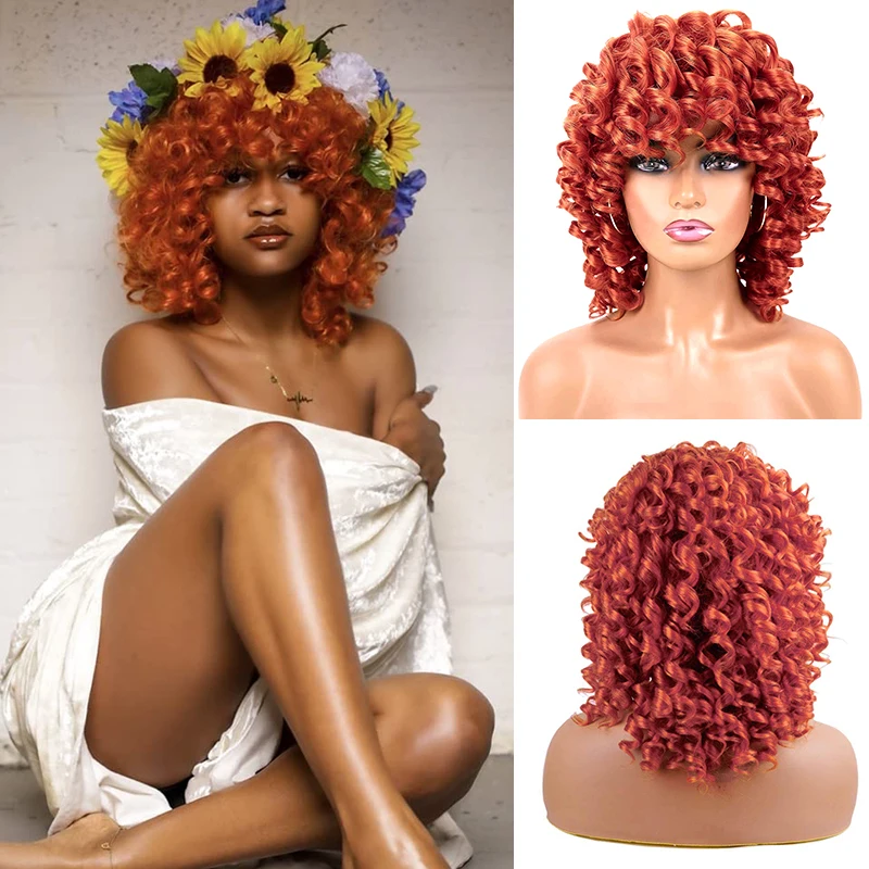 

Short Curly Bob Wigs for Women Orange Ginger Afro Kinky Curly Wig Fluffy Bouncy Synthetic Shoulder Length Wig with Bangs Cosplay
