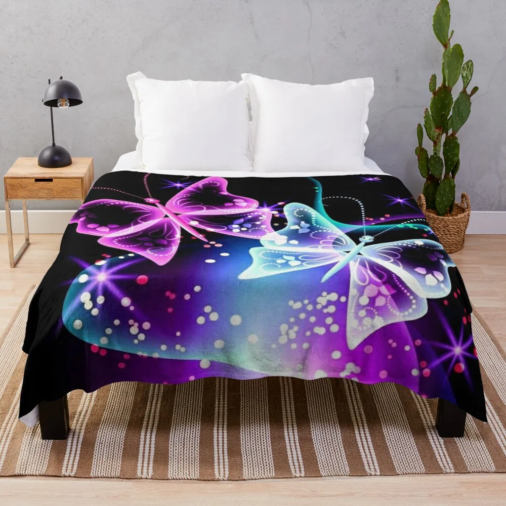 

Glowing Neon Butterflies Throw Blanket Multi-Purpose Sofa Throw Softest bed plaid Blankets