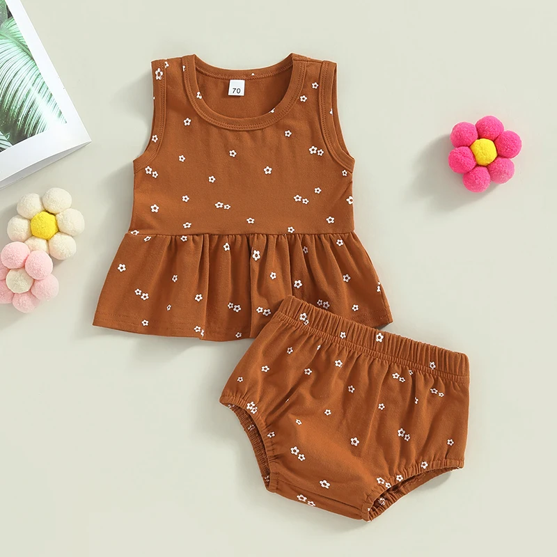 

Baby Girls Summer Outfit Ruffled Hem Floral Sleeveless Tank Tops and Elastic Casual Shorts Set