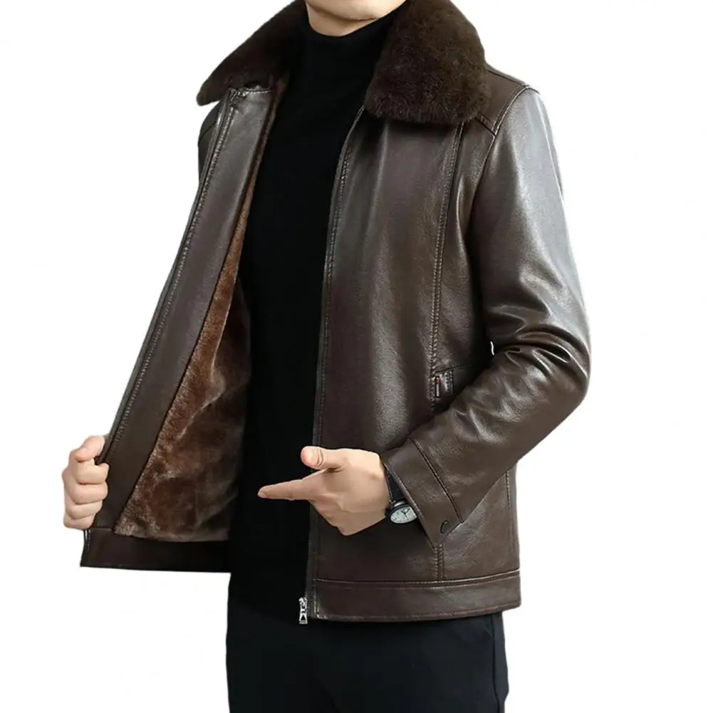 

Solid Color Faux Leather Jacket Men's Faux Leather Jacket with Furry Lapel Plush Lining Winter Coat for Business Casual Outwear