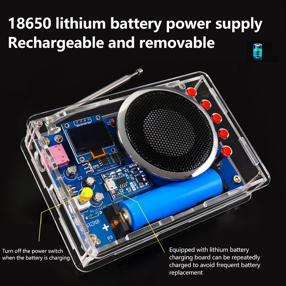 OLED Display Radio DIY Kit Rechargeable FM 87-108MHZ 18650 Lithium Battery Powered Circuit Board Soldering Electronic DIY Parts OLED Display Radio DIY Kit Rechargeable FM 87-108MHZ 18650 Lithium Battery Powered Circuit Board Soldering Electronic DIY Parts