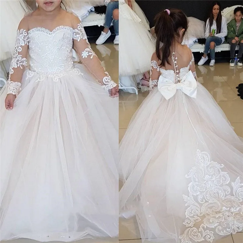 

Champagne Little Girls Bridesmaid Dress Flower Girl Dresses Ball Gown Kids TUTU Lace Wedding Party Pageant First Communion Gown