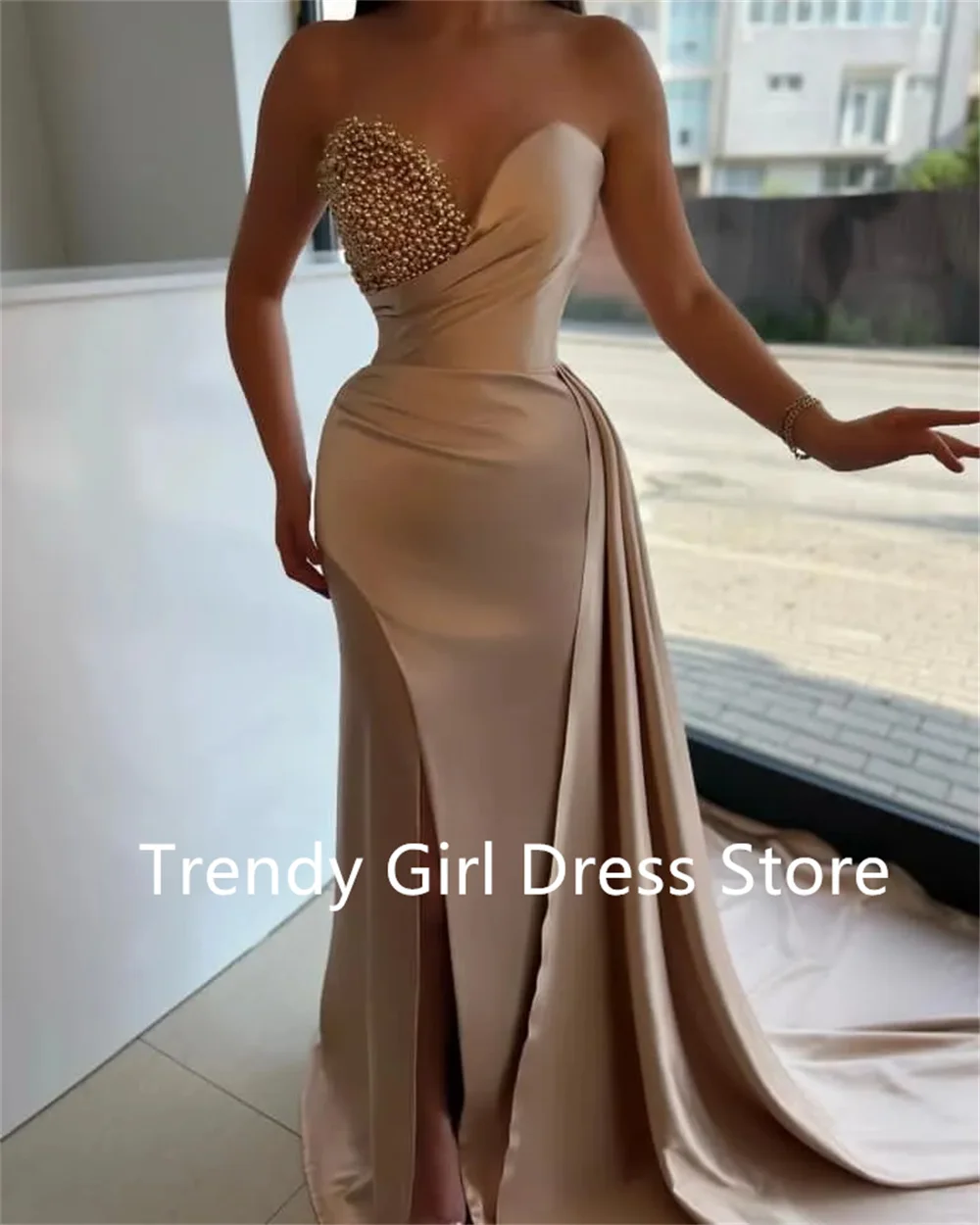 

Charming Champagne Mermaid Prom Dress Pearls Satin Evening Formal Party Women's Evening Dresses Custom Made Vestidos De Fiesta