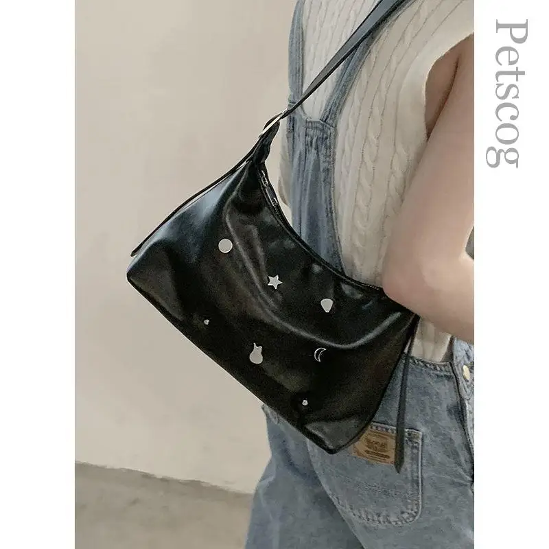 

Y2k Fashion Handbags For Women Black Star Pattern Leather Underarm Hobo Purse Luxury Designer Shoulder Bag Lady Small Tote Bags