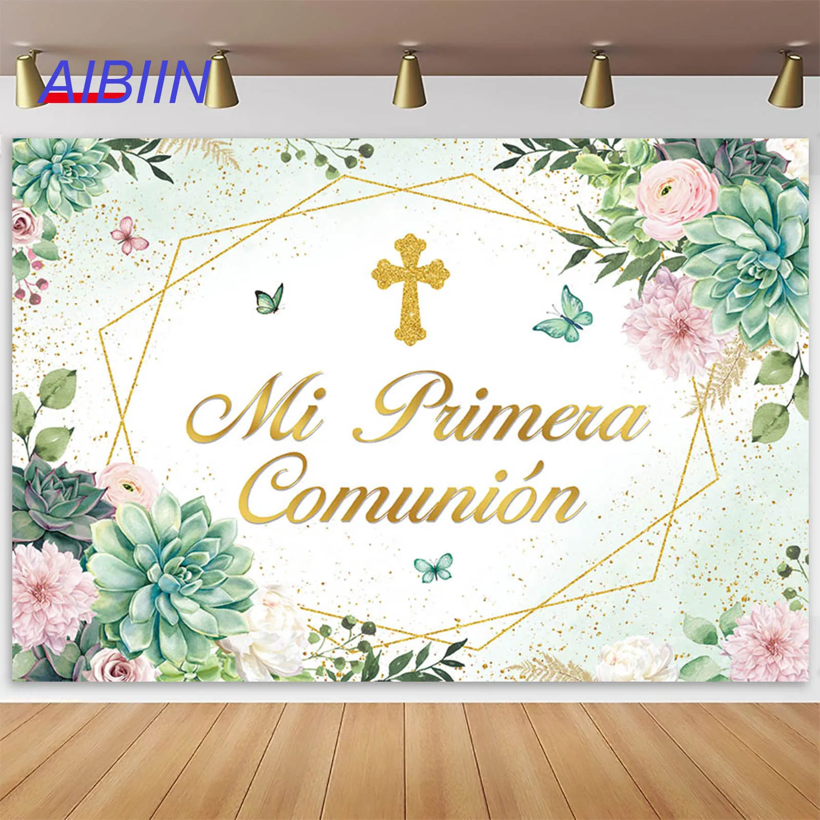 

AIBIIN Baptism Photography Background Boy Girl First Holy Communion Gold Cross Flower Butterfly Backdrop God Bless Party Decor