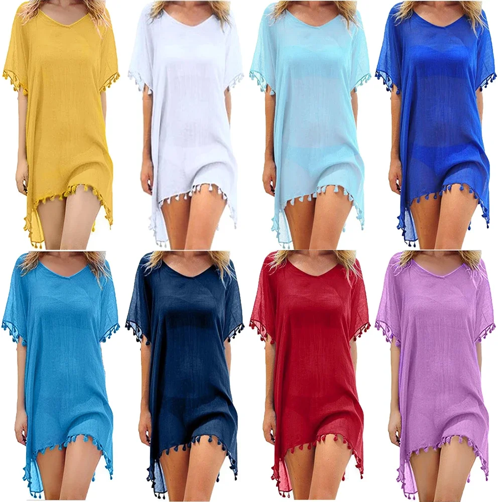 Женское пляжное платье-накидка на бикини, Шифоновая туника с кисточками, свободный купальник, парео, купальный костюм с запахом, купальный костюм, топы с запахом, футболка 
Женское пляжное платье-накидка на бикини, Шифоновая туника с кисточками, свободный купальник, парео, купальный костюм с запахом, купальный костюм, топы с запахом, футболка