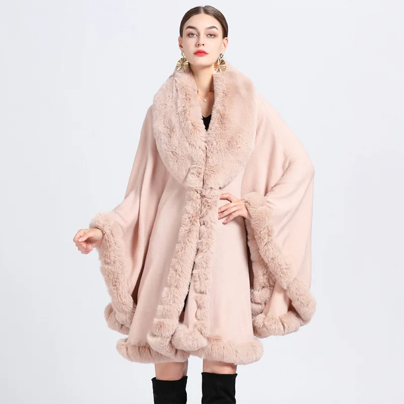 

Europe America New Imitation Otter Rabbit Fur Collar Hooded Imitation Cashmere Loose Ponchos Women Capes Khaki Cloak