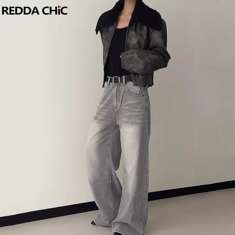 

REDDACHIC Skater Men Oversized Denim Pants Korean Hiphop Whiskers Gray Distressed Baggy Jeans Wide Leg Casual Retro Y2k Trousers