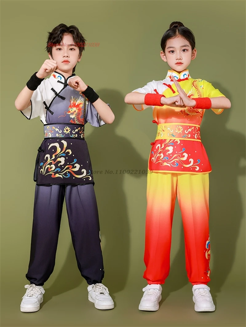 

2024 chinese children wushu shaolin uniform national dragon print wushu kung fu clothing martial arts training exercise practice