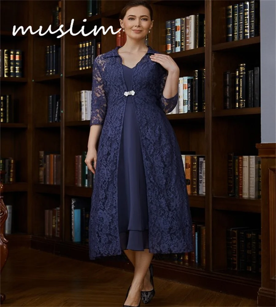 

Gorgeous Navy Blue Mother Of The Bride Dresses Elegant Lace Tea Length Wedding Guest Dress With Sleeves V Neck 2024 Evening Wear
